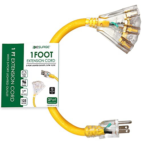Outdoor Heavy Duty 12AWG Extension Cord Digital Energy 1675W 125V 3 Lighted Outlets UL Listed 25 Ft Yellow 60Hz 13A 